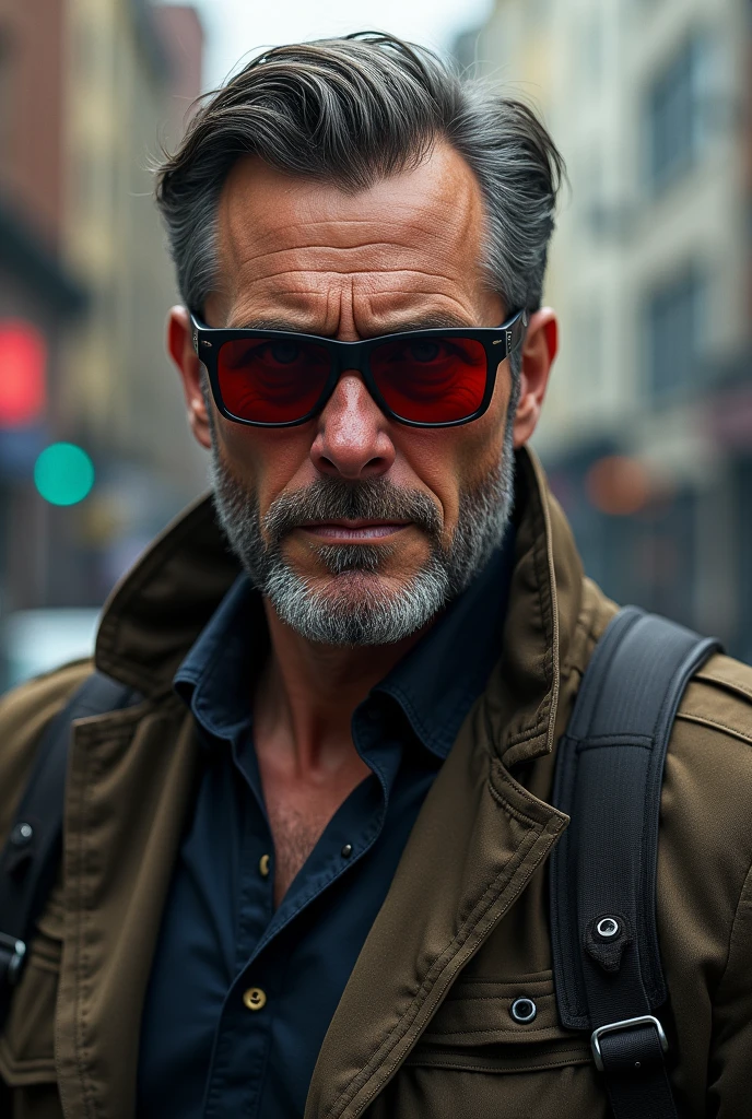 Create the X-Men's Cyclops being played by Jensen Ackles at over 40 years old, sunglasses with red lenses, slightly gray hair, e barba