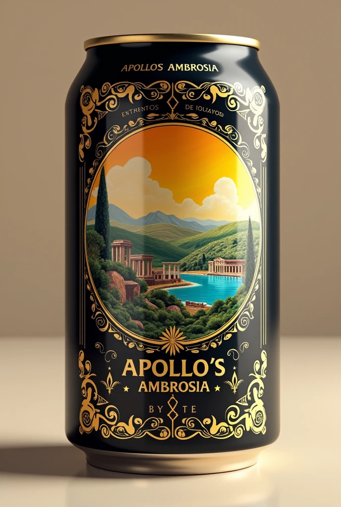 make me a canned coffee packaging design with a 250ml can size with a Roman concept with the brand name Apollo's Ambrosia with a cheerful design, with the dominant color black, gold and white