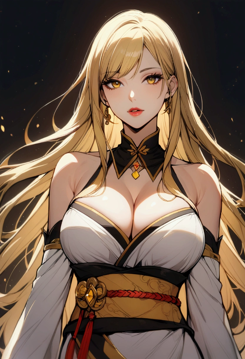 slender, female,1girl, blond_hair, breastng:safe, detached_sleeves, solo, cleavage, larts, bare_shoulyellow_eyes, lips, looking_at_viewer, long_hair, detached_collar, parted_lips, sash