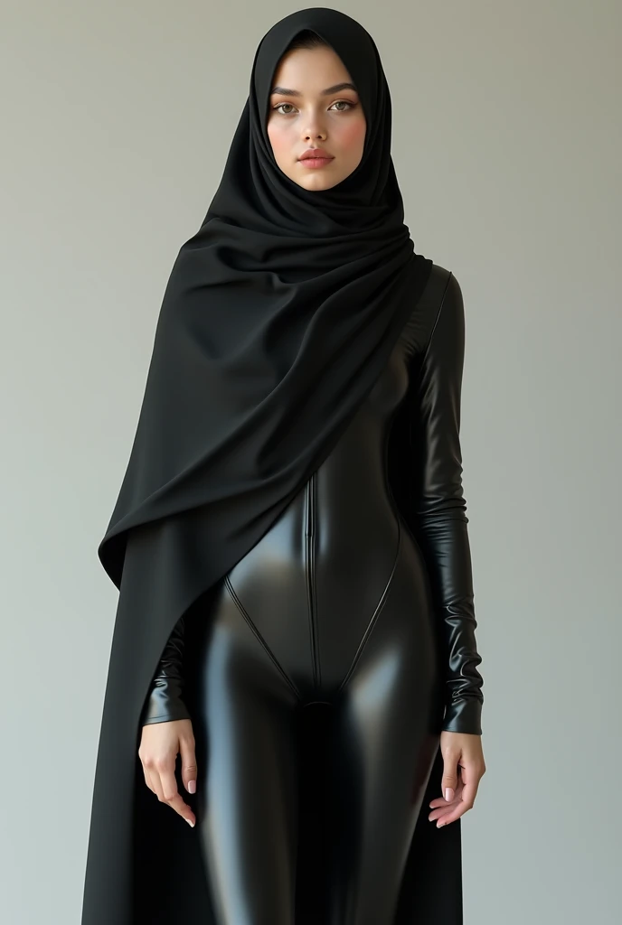 A girl wearing hijab . Innocent face. Long leg. Wearing full body black latex suit. High quality. High resolution