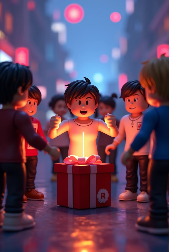 Roblox common avatar opening a gift with robux logo over it, while other roblox avatars watch from afar. detailed, cinema, stage