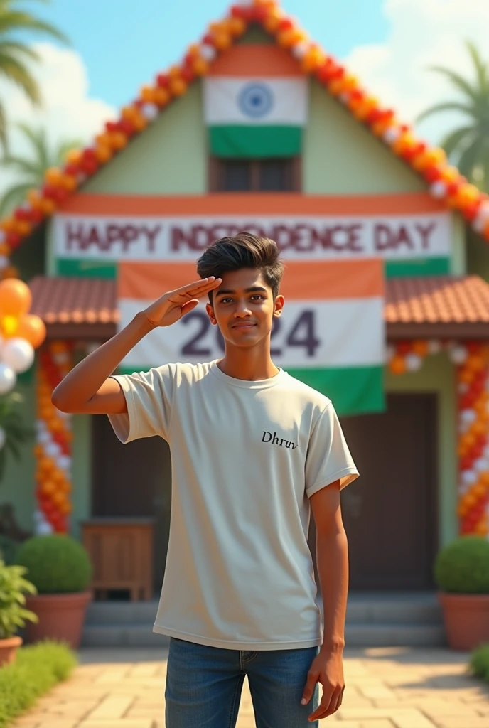 A real 20 year old boy , wearing a white "Dhruv" T-shirt stands in front of a house decorated with Indian flags and tricolor balloons, saluting for an upcoming Independence Day celebration. The house has a large banner that reads "HAPPY INDEPENDENCE DAY 2024 and make sure text should be correct.