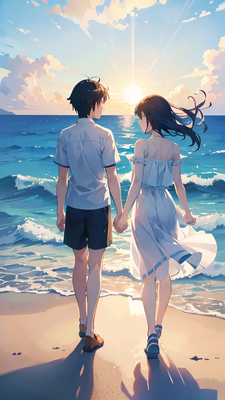 masterpiece, Highest quality,, Two people holding hands、male、female、Ocean、sun、evening、Makoto Shinkai!!, Makoto Shinkai style,Summer dreams are calling us,Feel the freedom、Feel the wind,Youth, each and every moment is exciting,With my favorite friends、refreshing、malefemale数人