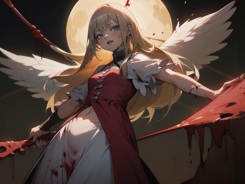 .(Highest quality,4K,High resolution,masterpiece:1.2),Very detailed,Realistic:1.37,Spooky altar background,Dark fantasy,Red color scheme,Ominous atmosphere,Eye-catching,Storytelling,anatomy,Anime Style,Concept Art,beautiful細部までこだわった顔と (((Red eyes ))),A terrifying ritual ,Satanic Ritual,Premature death,inappropriate behavior,クレイジーなsmile,Scythe Face,Girl Monster, beautiful, Delicate facial features, Sharp Eye, Sharp Fangs, pale skin, Thick chain, Dark Background, Cinema Lighting, Dramatic Shadows, Gothic style, Gloomy atmosphere, Dark fantasy, One Girl, Please open your mouth wide, Open your mouth and baring your teeth,Sharp teeth like a beast, Wide lips, very wide mouth, Vermilion cheeks, ,(Blood splatter:1.4),Scary smile, smile,Angel Design, Twisted smile、Bloody、bleeding from the head,,,,,、Blood splatter、,(Blood splatter:1.4),skull,Horrorスタイル, ((Fantasy Sweet Lolita Frill Pink Costume)), ((Flowing blonde hair)), ,(Blood splatter:1.4),Female curves, Sexy flat stomach, Perfect hands, Perfect anime face, (Pink Tata Dress)), Are standing, ((邪悪なsmile)), ,(Blood splatter:1.4), Steam circulates, Moonlight Illumination, night lighting, (Blood splatter:1.6),アニメAngel Design, Twisted smile、Bloody、bleeding from the head,,,,,、Blood splatter、,(Blood splatter:1.4), skull,Gothic architecture、Western architecture、Fantasy World、,Victorian cities, Skeleton Gas Light,Absurd, High resolution、 ((Tabletop)), ((Highest quality)), (Very detailedな), ((Very detailed)), (beautiful), ((pretty girl)), (NFSW:1.8), alone,(10 years old:1.6)、(world&#39;The most terrifying and creepy demon 女の子:1.5)beautiful face、Whole Body Ezbian、pale, beautiful肌、beautiful金の髪、Smiling Kindly、Dark building ruins、(snow white&#39;Frill dress:1.3)、(The dark ruins are stained with blood:1.3)、Low angle full body shot、(少女は血の海の中にAre standing:1.5)、(The ground is full of blood:1.3)、(The  lost a lot of blood...:1.3)、(クレイジーなsmile:1.6)、Spirits、(Blood dripping from the mouth:1.3)、Neo-goth style girl, Wearing a black dress and a white collar, Wearing a black hat、wearing heavy makeup, Standing in a mystical garden surrounded by vines. The garden is full of deep purple flowers.、背景のGothic architecture。. &#39;The hair is golden、、A red rose is pinned to the side。. Her eyes are sharp、It&#39;Like being stabbed., Thick black eyeliner and long lashes. 彼女は顔色がpale.、Her lips are bright red.. The atmosphere is gloomy and eerie, with dim lighting casting long shadows. This piece combines digital illustration and photography..., outcome、驚くほどHigh resolutionの画像が生まれました. Most of the colors are dark、I&#39;Calm, Deep reds and purples create a dark beauty.. The style is neo-Gothic., Horror, Portrait Photography, Create unique and compelling visual experiences.Dark Imagery
