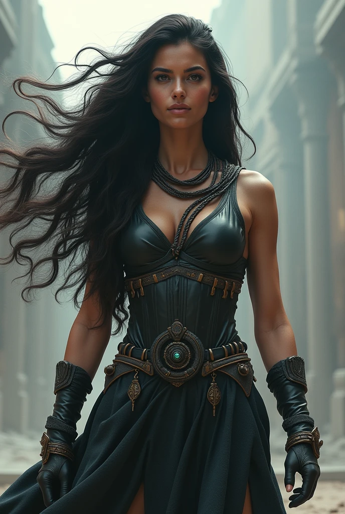Warrior woman, White skin, with very dark brown hair almost black, with very long curly hair,