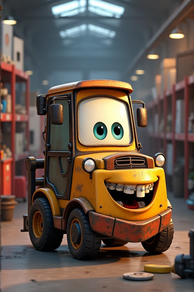 Create Mate from the Cars movie as a forklift and having braces on his teeth