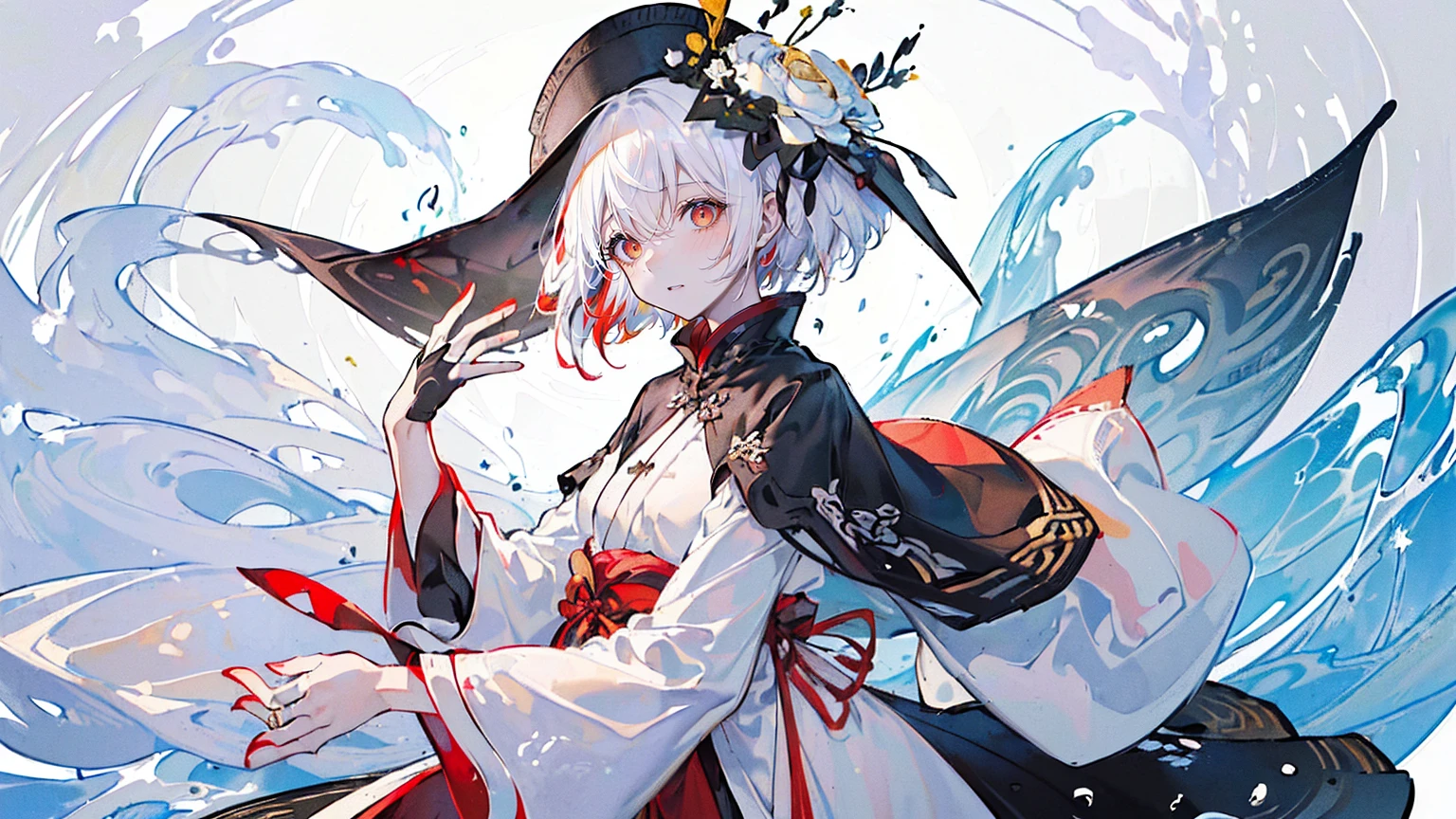 (Super detailed)),((illustration)),((masterpiece)),(((need))),((fine、Highest quality CG Unity 8K wallpapers,masterpiece),((4K,masterpiece,best quality)),Woman with short hair and bangs,Female ghost,Golden pupils,White short hair with red highlights,Slim body,Immortal,Immortal overflowing,Wearing a Chinese Taoist robe that mixes black, white and red,Wearing a bamboo hat,Holding a wine gourd in the right hand,Waving whisk with left hand,On the water,Water splashing ripples,Ink background,In the small pool,There is a portrait of a crane behind him,There are black and white lotus flowers around,The crane mask flipped up on the head,individual,Full body picture
