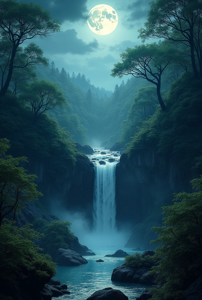 Imagine a beautiful landscape upper view of seanreay there are green dense forest with waterfall is in middle of dence forest and this is step wise a some darkness like night 