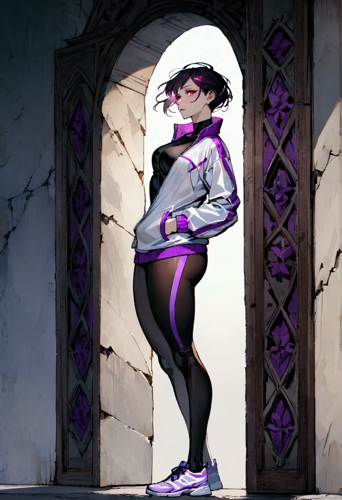 standing,alone,leaning against a broken wall,short hair,work of art,face detailed,beautiful young fitness woman with , in a gym wearing May with black pantyhose, white and purple tight short gym jacket. standing alone,red eyes glowing,Evil smile,legging preto ,labiaa,dark eye shadow,shining eyes,a hand leaning against the wall,neckleace,jacket zipper half open,Tight black shirt,white sports tennis shoes,short hair with purple details,beautiful curves,whole body,hair with purple details,labiaa,detailed face and eyes,work of art,sexy look,pefil from sideways,from sideways,wind in your hair,fully body,glasses on eyes
