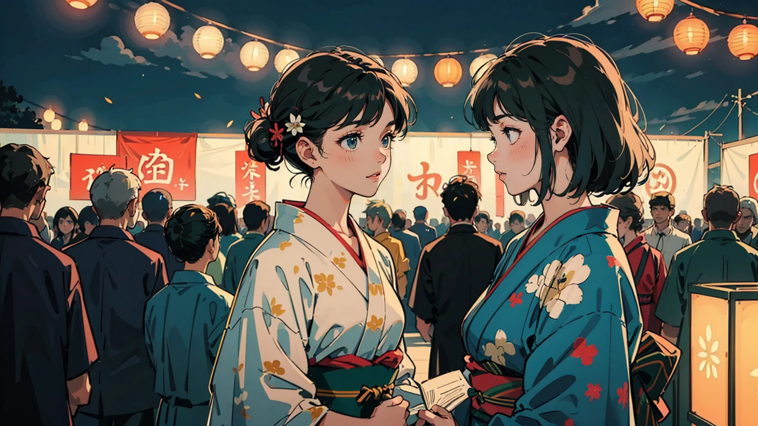 Two cute young Japanese women in colorful yukata, facing each other.
Upper background: Vibrant fireworks display. Bursts of red, gold, blue, and green against night sky.
Lower background: Crowd of festival-goers in light summer clothing. Blurred figures, mix of tank tops and short sleeves visible.
Soft glow from paper lanterns illuminates the scene.
Girls stand out in sharp focus against blurred, bustling background.
Contrast between traditional yukata and modern summer festival atmosphere. There a lot of colors in the image.