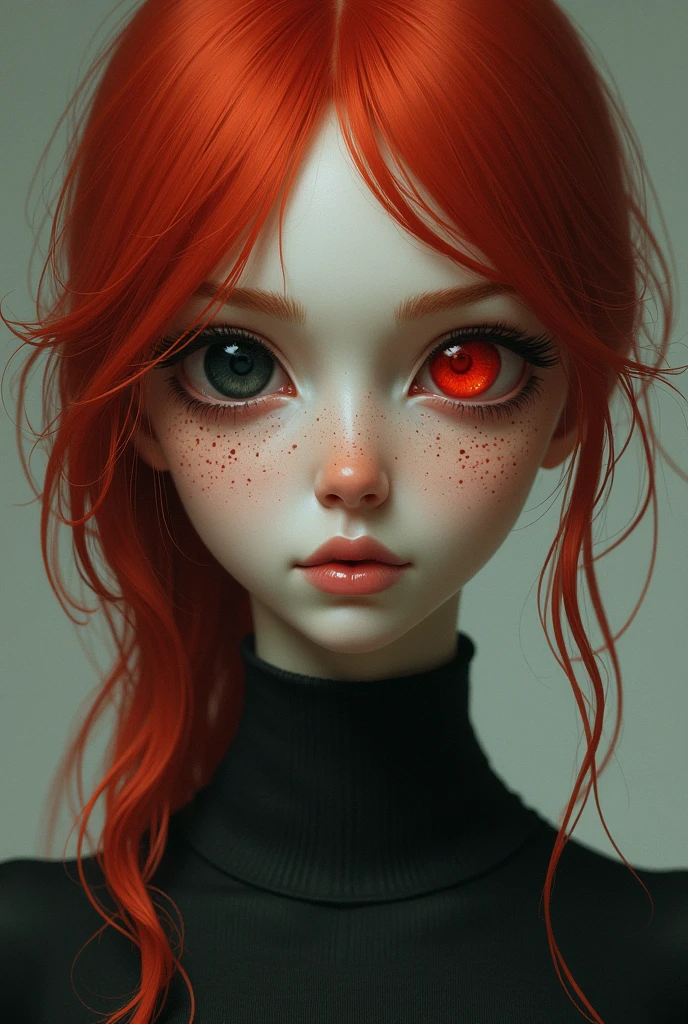 A red-haired girl with freckles all over her face. His left eye is red and his right eye is black. The girl is tall.

