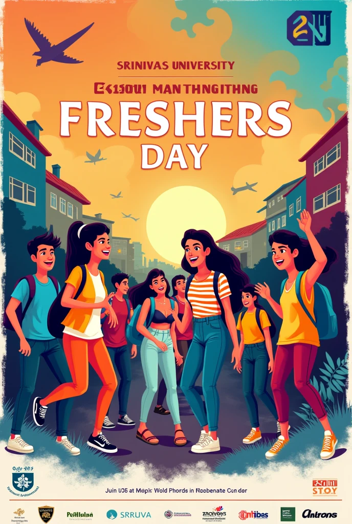 Create a poster for freshers day. Where collage students are enjoying having fun in party and make it attractive. Things to mention in the poster ( “venue. Srinivas collage , time : 10am to 5 pm , the main heading “srinivas university freshers day)
A bit Standard