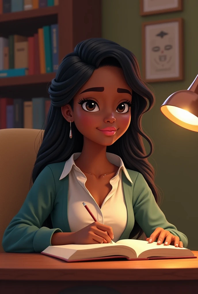 Jolade a young lady with an oval shaped face, pink plump lips, long dark hair with dark skinin the sitting room having home lesson with her teacher