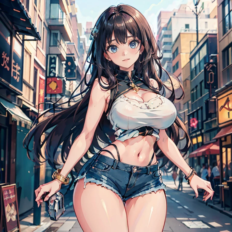 Anime Kawaii sexy Perfect Slim sensual body large breast and huge thighs, An intricate and highly detailed illustration of anime (Young girl)  (work of art, best qualityer, ultra detali, high resolution, 4K),(beautiful detailed eyes),(very highly detailed face),(1 girl),HDR,long hair, shorts, phone, eyes browns, chestnut hair, cellphone, bracelet, regatta, jewerly, to attend, lips, focus only, glaze, blurry background, ssmile, wristto attend, realisitic, blurry, gazing at viewer