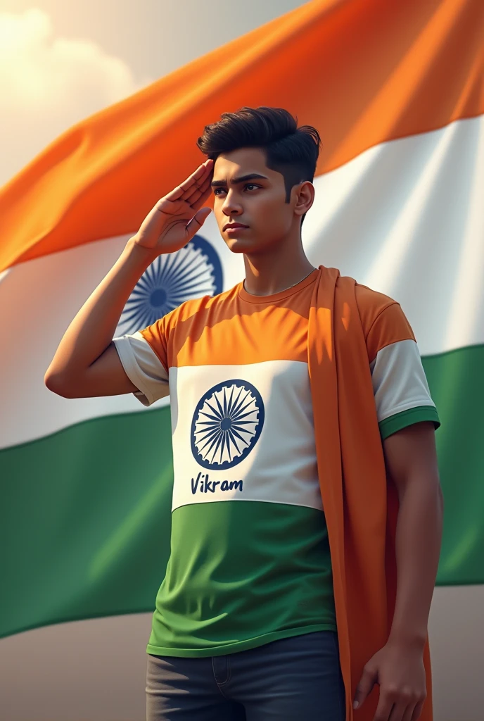 A teenage boy wear a Indian tricolour cloths and salute front of Indian Flag and ''Vikram'' name written on his tshirt