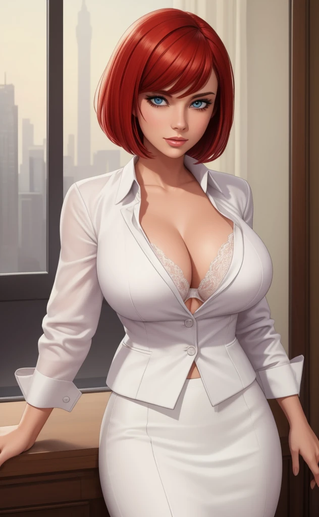 white silk shirt, deep v neck, business suit, red lace bra, pencil skirt, Carolyn Dunn, red hair, bob haircut, blue eyes,