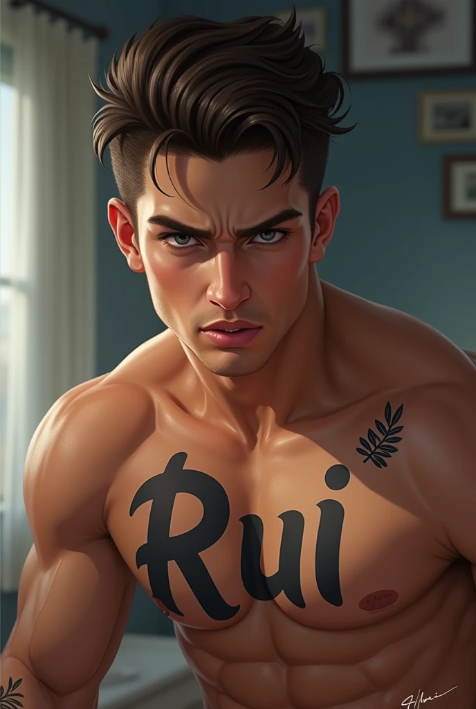 Young muscular man tattoo name Rui tanned white skin with brown and blue eyes High quality AI drawing with blurred background bedroom music piercing gaze pink mouth 
 