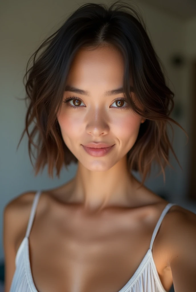 woman arafed completely , Sexy girl with brown eyes, ultra realistic, meticulously detailed, Portrait Sophie Mudd, short brown hair and big eyes, selfie of a young woman, bedroom eyes, Violet Myers, without makeup, Natural makeup, looking directly at the camera, face with artgram, subtle makeup, Stunning full body photo,