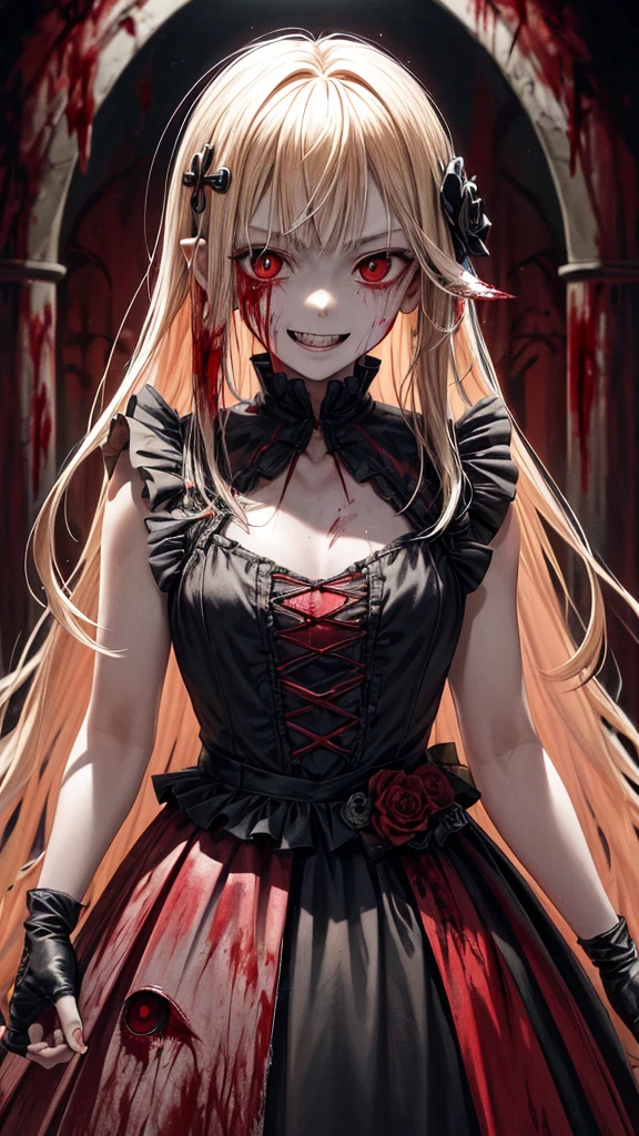 .(Highest quality,4K,High resolution,masterpiece:1.2),Very detailed,Realistic:1.37,Spooky altar background,Dark fantasy,Red color scheme,Ominous atmosphere,Eye-catching,Storytelling,anatomy,Anime Style,Concept Art,beautiful細部までこだわった顔と (((Red eyes ))),A terrifying ritual ,Satanic Ritual,Premature death,inappropriate behavior,クレイジーなsmile,Scythe Face,Girl Monster, beautiful, Delicate facial features, Sharp Eye, Sharp Fangs, pale skin, Thick chain, Dark Background, Cinema Lighting, Dramatic Shadows, Gothic style, Gloomy atmosphere, Dark fantasy, One Girl, Please open your mouth wide, Open your mouth and baring your teeth,Sharp teeth like a beast, Wide lips, very wide mouth, Vermilion cheeks, ,(Blood splatter:1.4),Scary smile, smile,Angel Design, Twisted smile、Bloody、bleeding from the head,,,,,、Blood splatter、,(Blood splatter:1.4),skull,Horrorスタイル, ((Fantasy Sweet Ta Frill Pink Costume)), ((Flowing blonde hair)), ,(Blood splatter:1.4),Female curves, Sexy flat stomach, Perfect hands, Perfect anime face, (Pink Tata Dress)), Are standing, ((邪悪なsmile)), ,(Blood splatter:1.4), Steam circulates, Moonlight Illumination, night lighting, (Blood splatter:1.6),アニメAngel Design, Twisted smile、Bloody、bleeding from the head,,,,,、Blood splatter、,(Blood splatter:1.4), skull,Gothic architecture、Western architecture、Fantasy World、,Victorian cities, Skeleton Gas Light,Absurd, High resolution、 ((Tabletop)), ((Highest quality)), (Very detailedな), ((Very detailed)), (beautiful), ((pretty girl)), (NFSW:1.8), alone,(10 years old:1.6)、(world&#39;The most terrifying and creepy demon 女の子:1.5)beautiful face、Whole Body Ezbian、pale, beautiful肌、beautiful金の髪、Smiling Kindly、Dark building ruins、(snow white&#39;Frill dress:1.3)、(The dark ruins are stained with blood:1.3)、Low angle full body shot、(少女は血の海の中にAre standing:1.5)、(The ground is full of blood:1.3)、(The  lost a lot of blood...:1.3)、(クレイジーなsmile:1.6)、Spirits、(Blood dripping from the mouth:1.3)、Neo-goth style, Wearing a black dress and a white collar, Wearing a black hat、wearing heavy makeup, Standing in a mystical garden surrounded by vines. The garden is full of deep purple flowers.、背景のGothic architecture。. &#39;The hair is golden、、A red rose is pinned to the side。. Her eyes are sharp、It&#39;Like being stabbed., Thick black eyeliner and long lashes. 彼女は顔色がpale.、Her lips are bright red.. The atmosphere is gloomy and eerie, with dim lighting casting long shadows. This piece combines digital illustration and photography..., outcome、驚くほどHigh resolutionの画像が生まれました. Most of the colors are dark、I&#39;Calm, Deep reds and purples create a dark beauty.. The style is neo-Gothic., Horror, Portrait Photography, Create unique and compelling visual experiences.Dark Imagery
