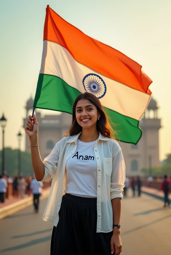 A real 26 years old women, Wearing white shirt Black Salwar  and the name “Anam” is written on his t-shirt and the boy is standing on the road with holding a national flag of India, and behind him is the india. And written on sky “Independence Day” Create Realistic image high quality