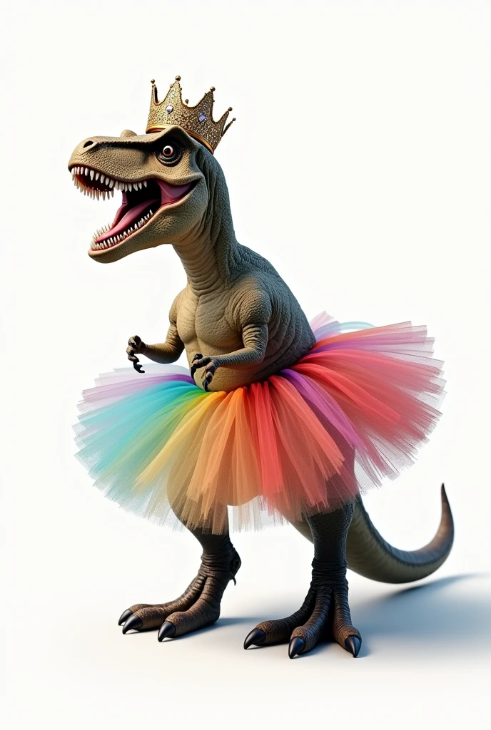 T rex with tutu and crown on white background