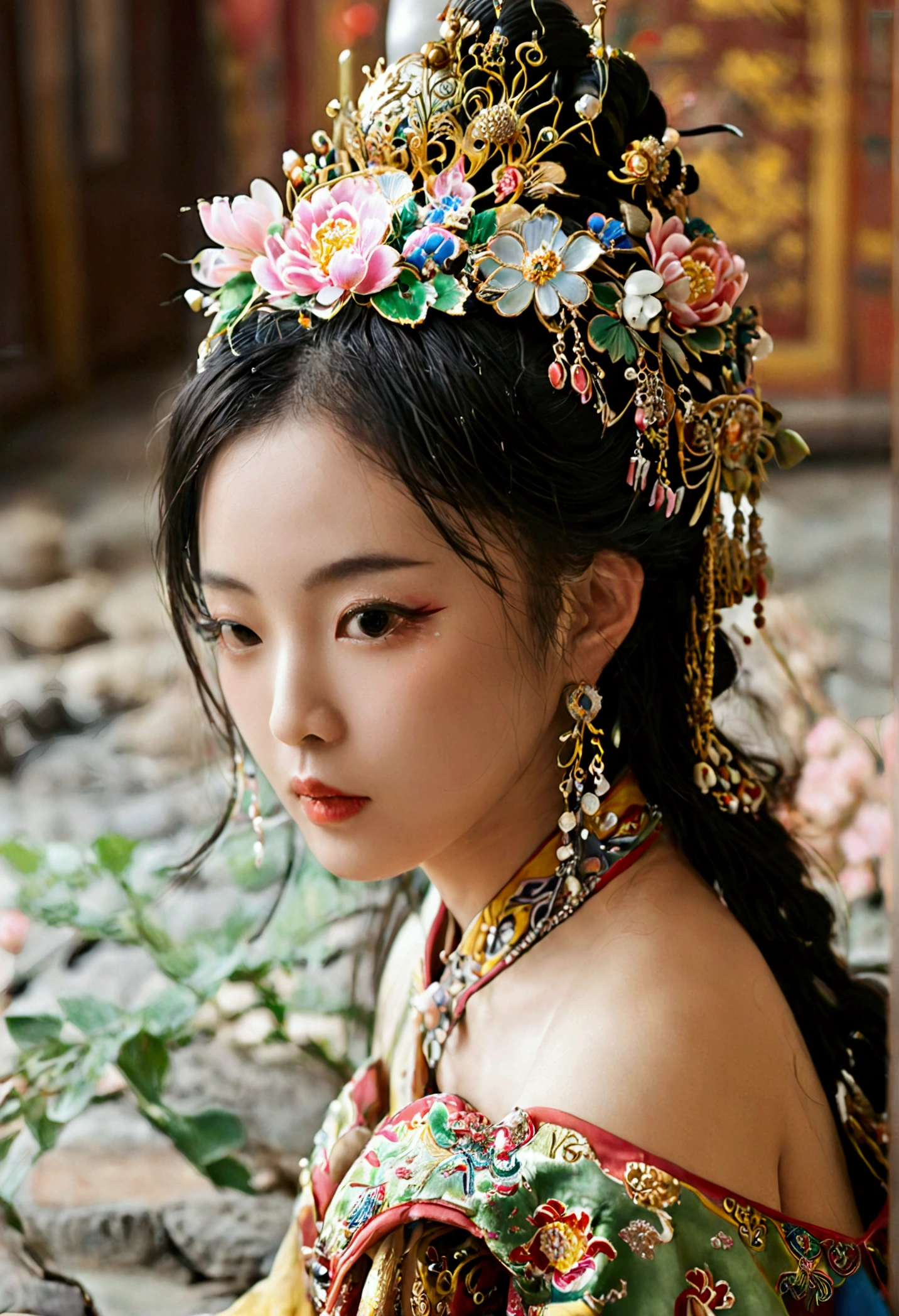 A woman seen from the front, bent over on the ground facing forward, legs spread apart, busty and naked, wearing a crown and showing her thighs and feet from below, in the Chinese imperial court of the Qing dynasty.。She is completely naked, showing off her gorgeous large flowers and hairpins, her hair tied up and pulled up, and the background is the stone paving of the Chinese palace of the Qing Dynasty.