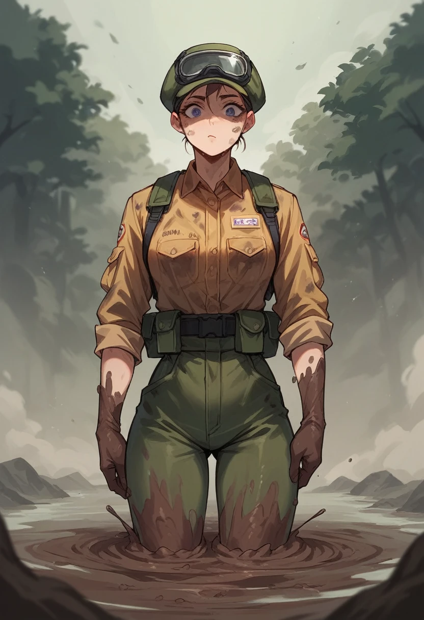 Civil defense worker waist-deep in mud. Widescreen image format