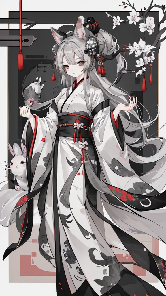chinchilla，gray long hair，Black eyes，Gray Hanfu with rat pattern decoration