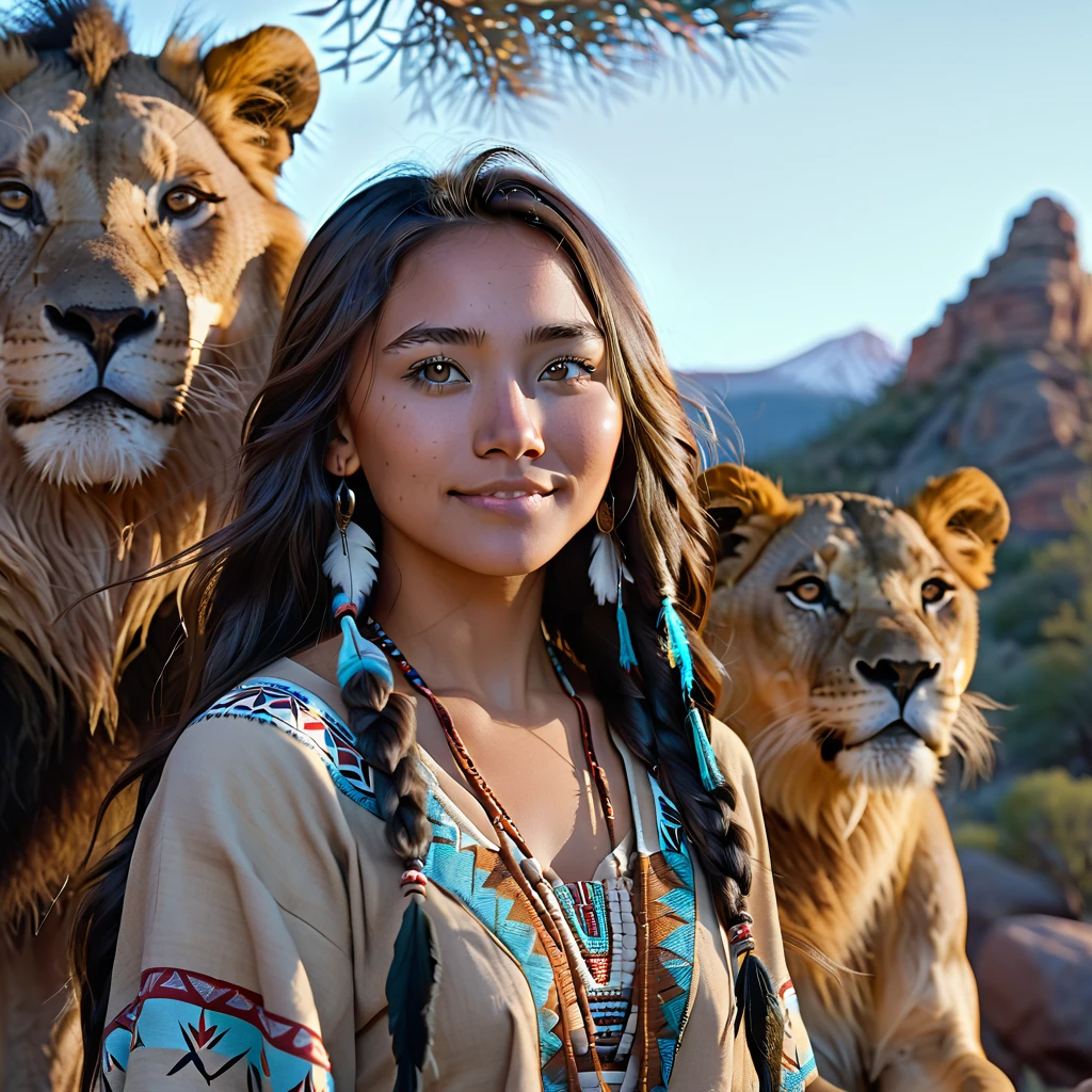 (grainy:0.5), cinematic, beautiful girl 25 year old,native american,fantasy,(solo:1.3), detailed eyes, detailed face, detailed native american clothing , volumetric lighting, dusk, extremely detailed background, standing next to tree and mountain, smiling, half closed eyes, tilted head, from side, sitting next to her lion