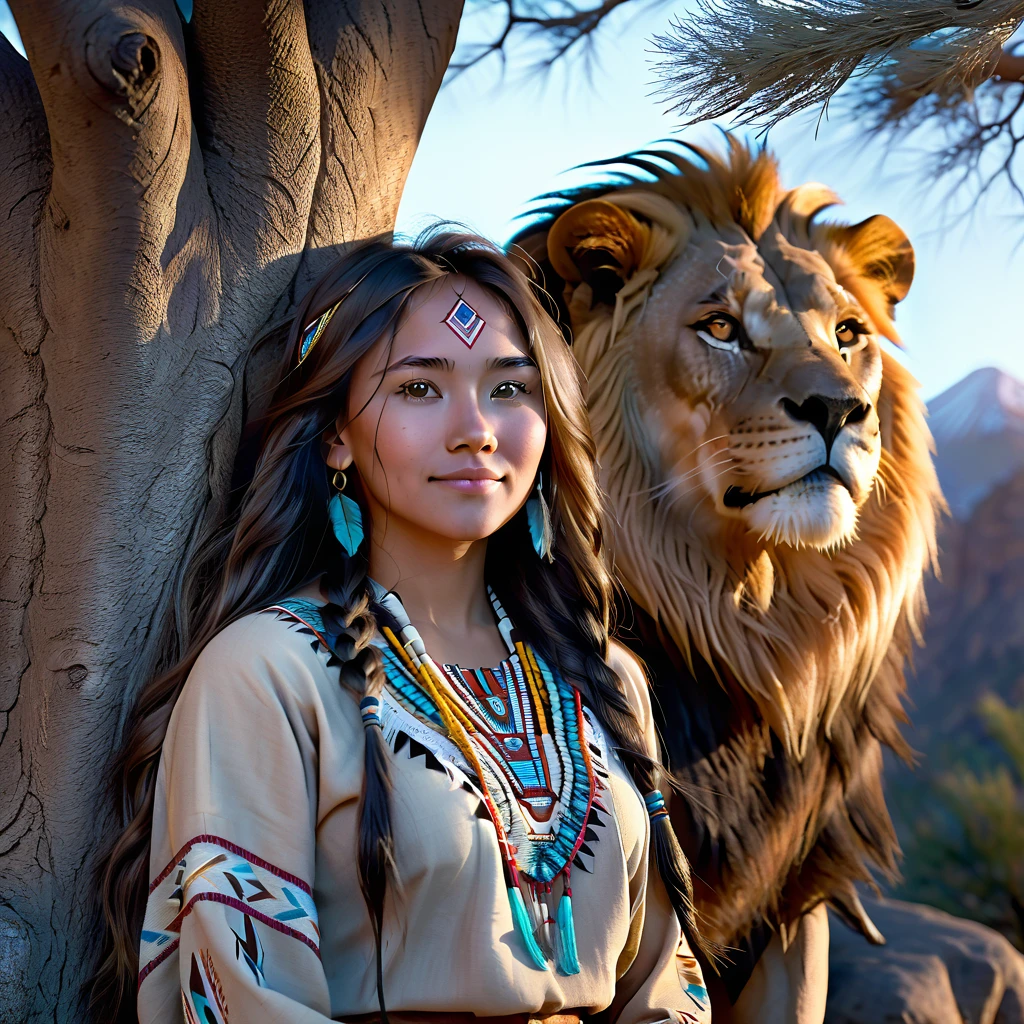 (grainy:0.5), cinematic, beautiful girl 25 year old,native american,fantasy,(solo:1.3), detailed eyes, detailed face, detailed native american clothing , volumetric lighting, dusk, extremely detailed background, standing next to tree and mountain, smiling, half closed eyes, tilted head, from side, sitting next to her lion
