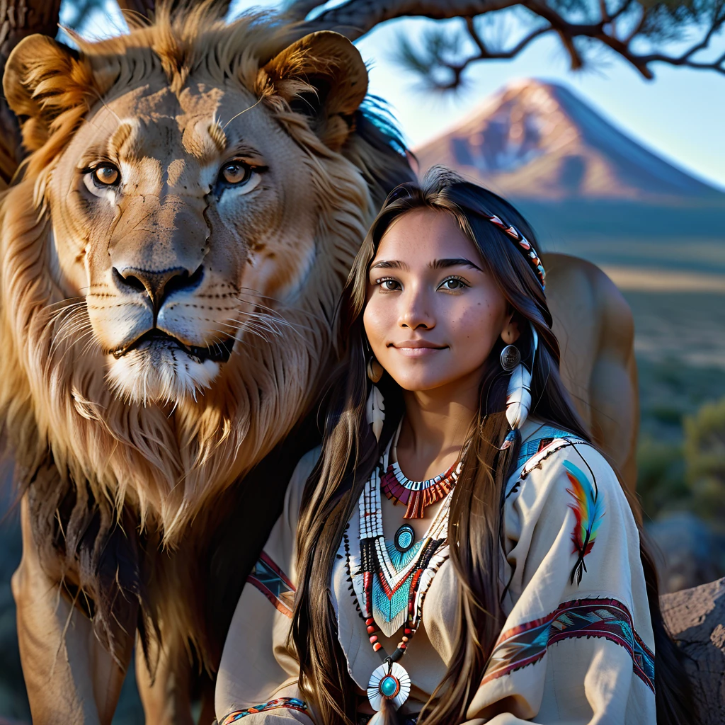 (grainy:0.5), cinematic, beautiful girl 25 year old,native american,fantasy,(solo:1.3), detailed eyes, detailed face, detailed native american clothing , volumetric lighting, dusk, extremely detailed background, standing next to tree and mountain, smiling, half closed eyes, tilted head, from side, sitting next to her lion