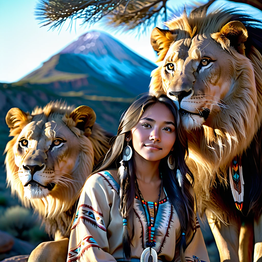 (grainy:0.5), cinematic, beautiful girl 25 year old,native american,fantasy,(solo:1.3), detailed eyes, detailed face, detailed native american clothing , volumetric lighting, dusk, extremely detailed background, standing next to tree and mountain, smiling, half closed eyes, tilted head, from side, sitting next to her lion
