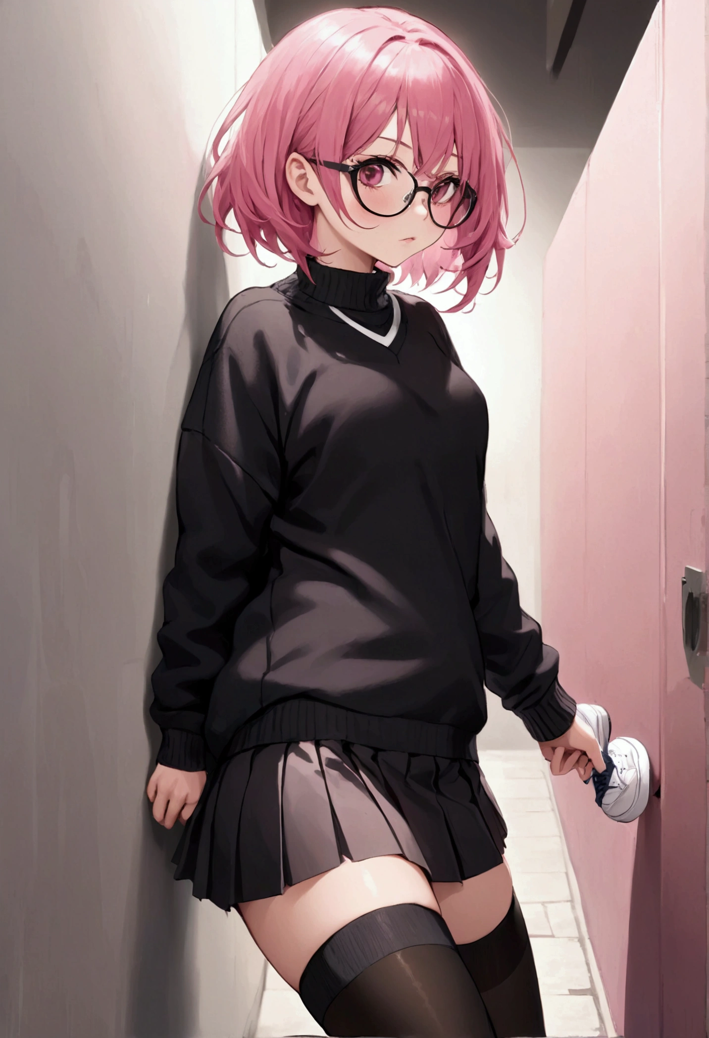 pink hair black glasses pink eyes extremely blushed a big pink sweater short black skirt black stockings white tennis shoes that is a reserved girl stuck to a wall grabbing the butt
