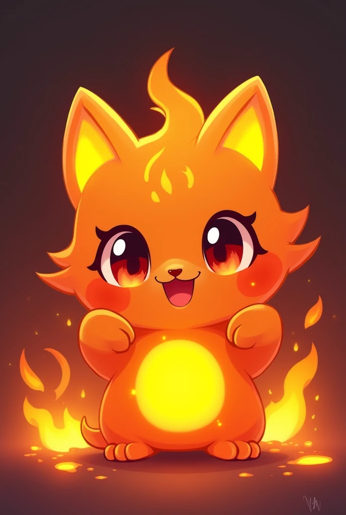 Design a head-only, minimalist, cute chibi-style portrait of 'Ignis,' a fiery cat-like slime character. Ignis should have a vibrant orange-red body with a glowing ember-like texture. The eyes should be large, expressive, and reflect the intensity of a fire. The character should have a flame-shaped tuft on top of its head, and a playful yet determined expression. The slime effect should be subtle but visible, with drips and glossy highlights. The background should feature fiery embers and a soft glow to emphasize the character's fiery nature.