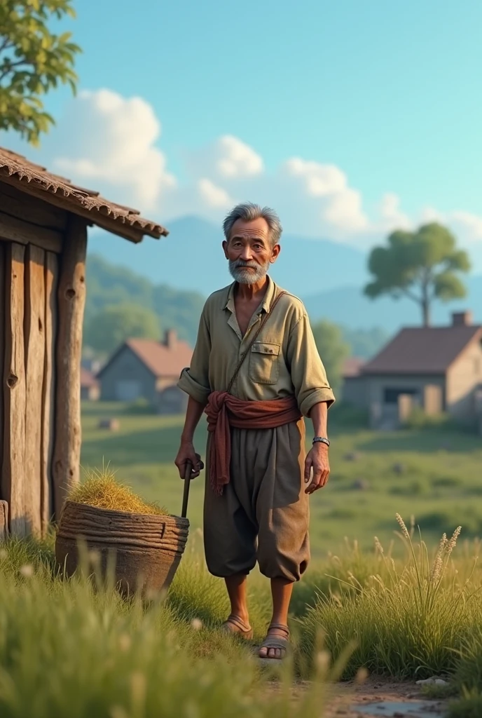 Image description: "A poor, tired-looking man works in a small field next to a modest wooden hut. He wears old, simple clothes. Behind him is a rural village with few trees and scattered houses. The sky is blue and clear, highlighting the simplicity of rural life." Generate 3d animation ,8k