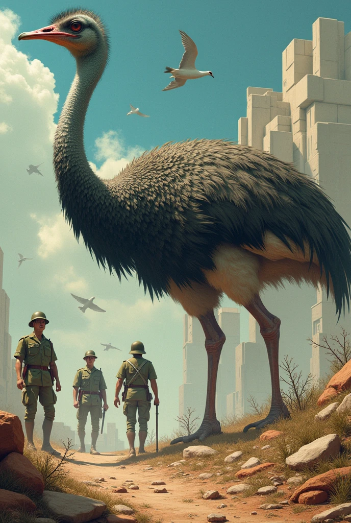 A surrealist take on the Great Emu War, featuring giant emus in a dreamlike, abstract landscape with soldiers in quirky, exaggerated poses."