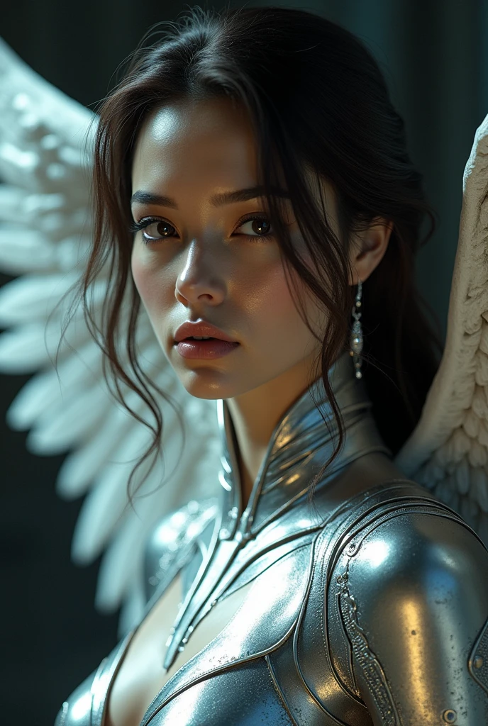 a close up of a woman in a silver suit with wings, x-men storm, angel in plastic armor, battle angel, beautiful cyborg angel girl, artgerm julie bell beeple, dove cameron in a knight armor, stunning vfx, margot robbie as a fairy, tron angel, ross tran 8 k, 4k high res, emma frost