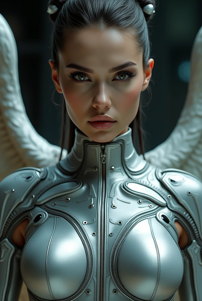 a close up of a woman in a silver suit with wings, x-men storm, angel in plastic armor, battle angel, beautiful cyborg angel girl, artgerm julie bell beeple, dove cameron in a knight armor, stunning vfx, margot robbie as a fairy, tron angel, ross tran 8 k, 4k high res, emma frost