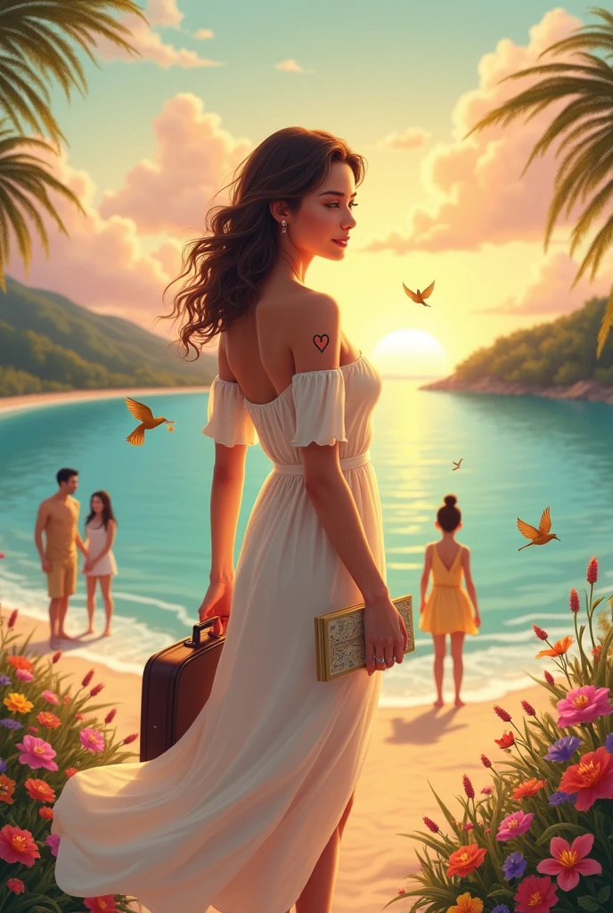 A strong and serene woman stands on a beach at sunset, with the calm sea in the background. She is wearing a light dress that moves gently in the breeze.. On his right shoulder, You can see a tattoo of a heart. The woman has an empathetic and warm expression, reflecting his understanding nature. Around her, There are elements of nature: colorful flowers, trees and maybe some birds flying in the sky. In his hand, holds a map or a small suitcase, symbolizing his love for travel. There are also subtle details that show his love for music., like musical notes floating in the air. In the background, A happy family is seen playing in the sand, symbolizing the importance her family has for her.
