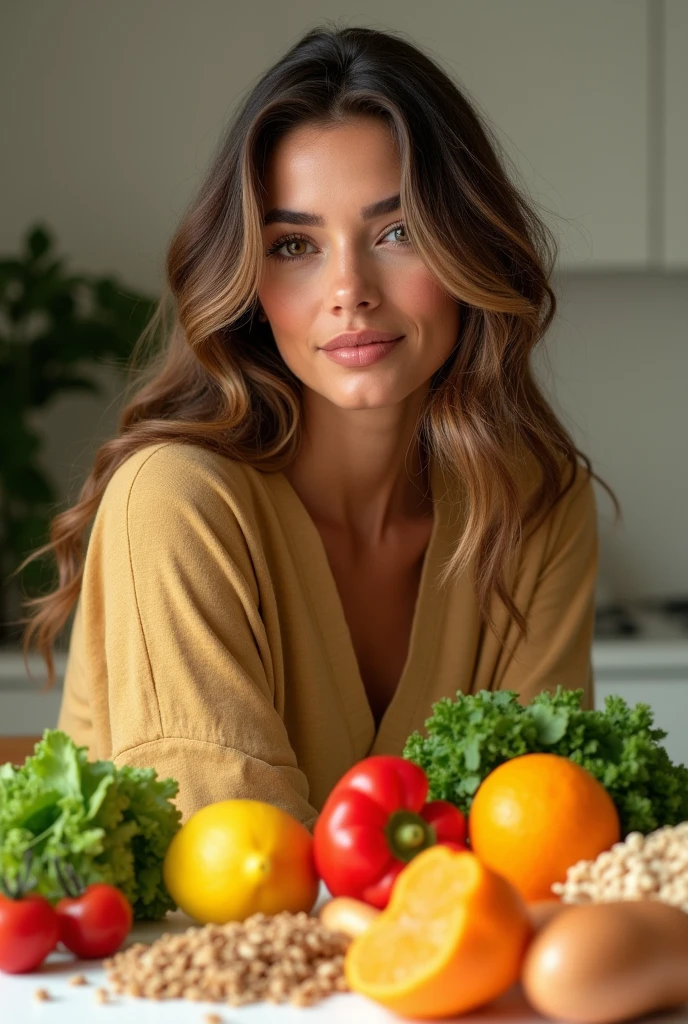 Photo with healthy food and a hot woman