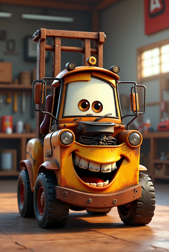 Create Mate from the Cars movie as a forklift and having braces on his teeth In realistic image 

