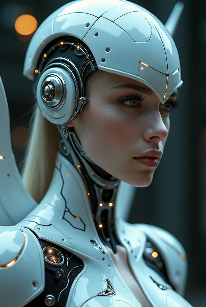 a close up of a woman in a silver suit with wings, a portrait inspired by Marek Okon, cgsociety contest winner, fantasy art, x-men storm, angel in plastic armor, battle angel, beautiful cyborg angel girl, artgerm julie bell beeple, dove cameron in a knight armor, stunning vfx, margot robbie as a fairy, tron angel
