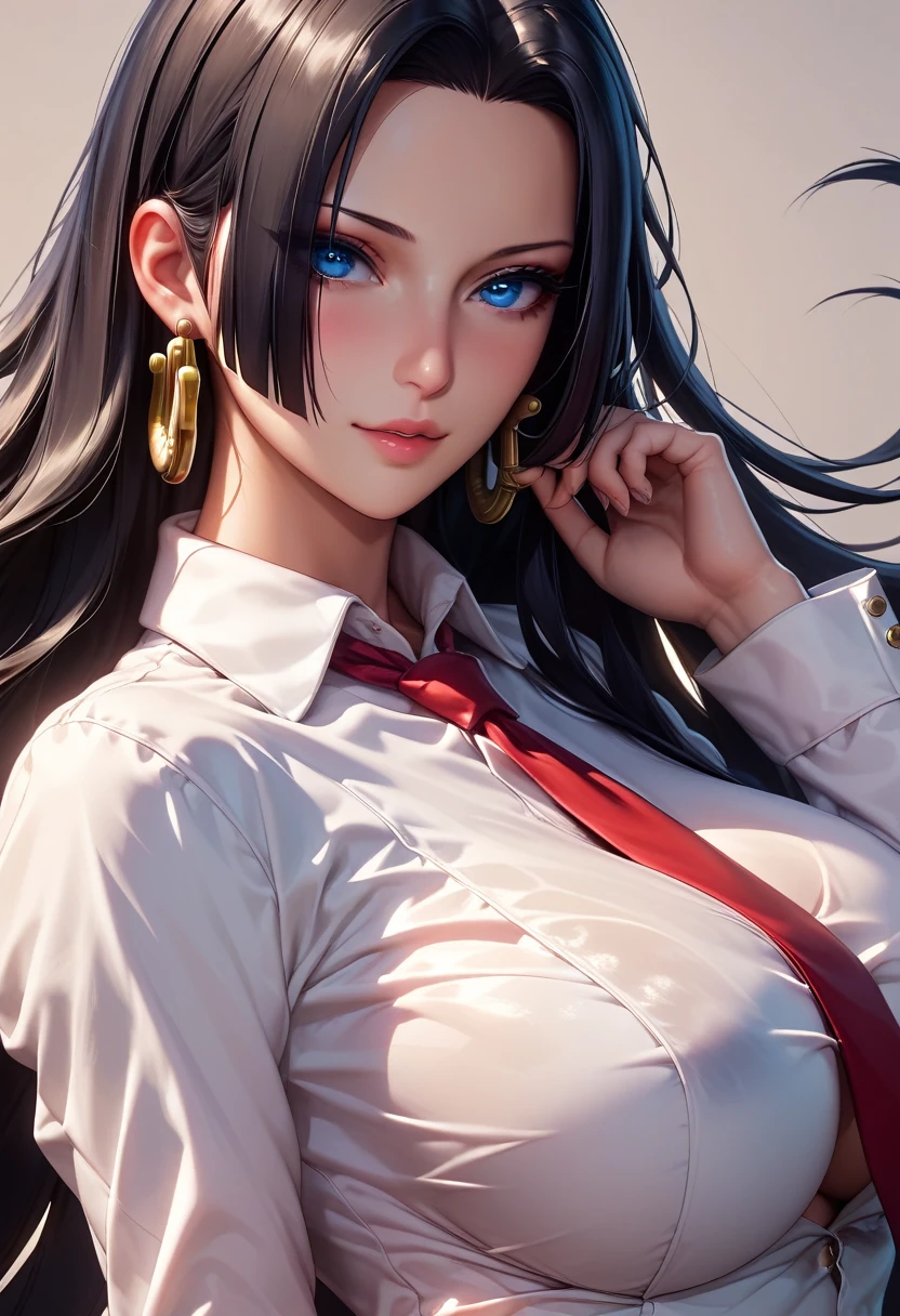 Perfect、(sauce_anime, Boa Hancock, Black Hair, blue eyes, Long Hair, amount, Large Breasts)、(Black background:1.9)、Cool look、Professional work、Professional Lighting。Detailed face、Detailed eyes。(China Fuku、pastel colour)、sexy、nsfw、Cowboy Shot、Best Angle