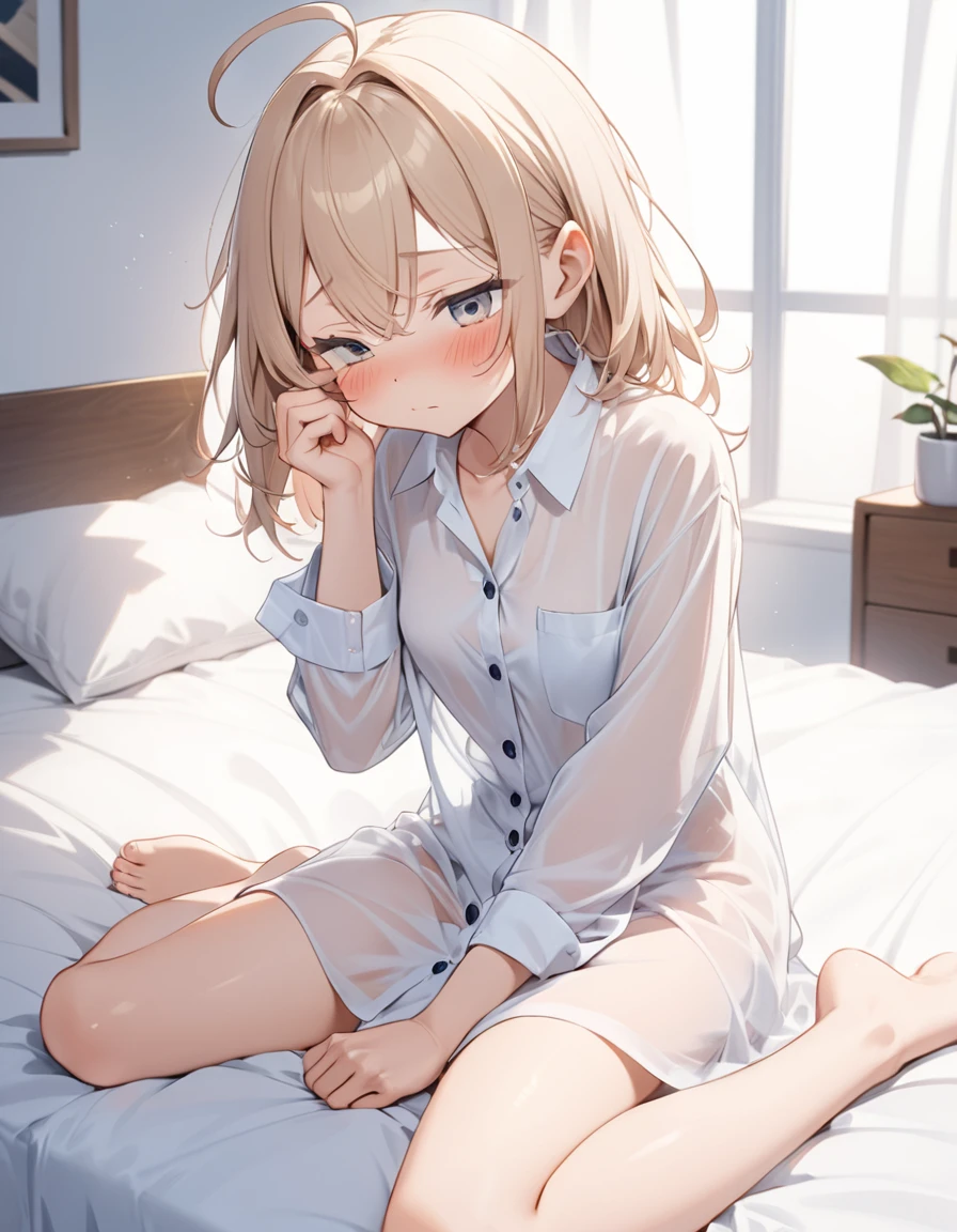 1woman, 26years old, solo, Big Eyes, ((Rubbing sleepy eyes)), Oversized dress shirt, long sleeve white shirt, Buttons are pressed wrong, Cutting seat, On the bed, barefoot, Small breasts, You can see through the shirt, (Bedhead), Ahoge, blush, Well good, cute panties, (wariza), Right hand between legs, closed mouth,
