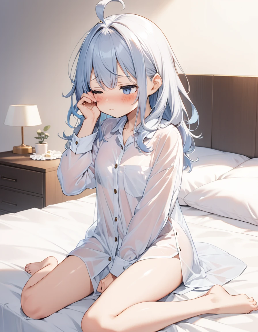1woman, 26years old, solo, Big Eyes, ((Rubbing sleepy eyes)), Oversized dress shirt, long sleeve white shirt, Buttons are pressed wrong, Cutting seat, On the bed, barefoot, Small breasts, You can see through the shirt, (Bedhead), Ahoge, blush, Well good, cute panties, (wariza), Right hand between legs, closed mouth,