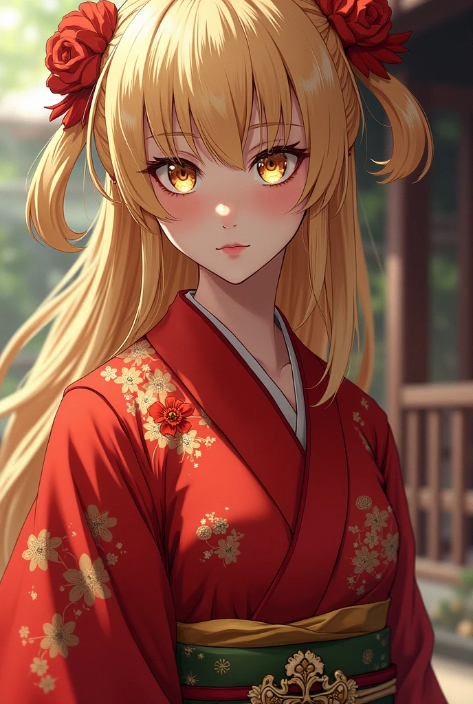 beautiful woman, red kimono, blond hair, gold eye, by Gege Akutami, anime Jujutsu Kaisen, by Mappa