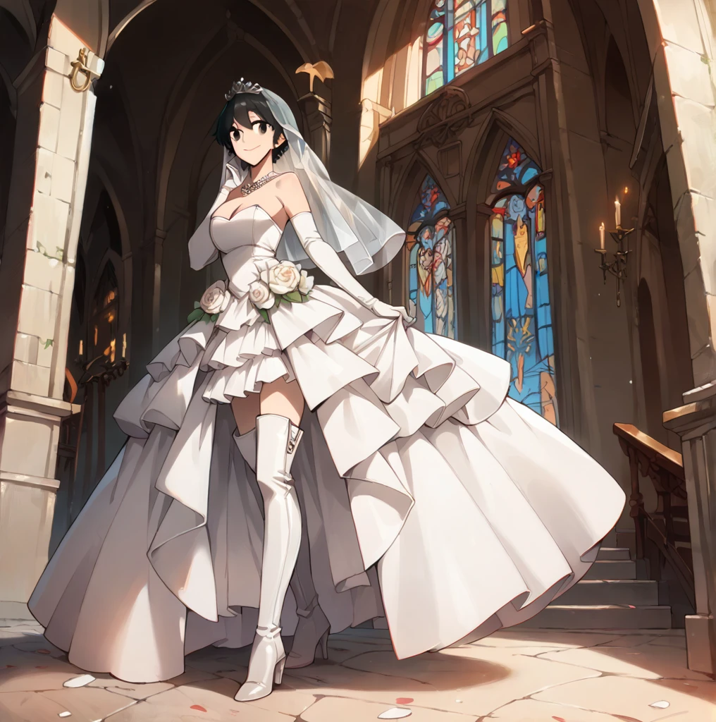 16-17 male teen wearing wedding dress, white dress,tiara, bridal veil, necklace, cleavage, strapless dress, white dress, white gloves, elbow gloves, pair of white heeled thigh-high boots standing, church, smile, closed mouth