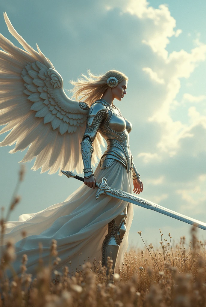 REAL - style image of a woman with a sword in a field, beautiful cyborg angel girl, angel knight girl, as a mystical valkyrie, battle angel, angel in plastic armor, mechanized valkyrie girl, unreal engine 4k wallpaper, wraith from apex legends, epic angel wings, trending in cgsociety, valkyrie, unreal engine fantasy art