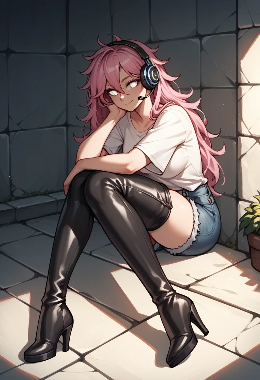 score_9, score_8_up, score_7_up, score_6_up, score_5_up, score_4_up, source_anime, 1woman, sexy face, sit, pink hair, long hair, white eyes, croosed legs, messy hair, white shirt, jeans shorts, black thigh high boots, over high boots, platforms, heels, day, windows, headphones, dungeon, best quality, best res, 4K UHD,
 