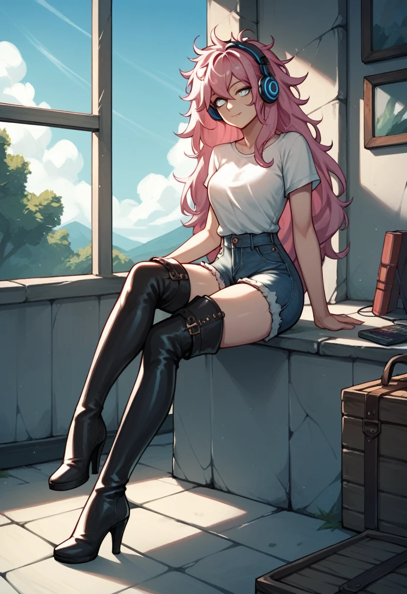 score_9, score_8_up, score_7_up, score_6_up, score_5_up, score_4_up, source_anime, 1woman, sexy face, sit, pink hair, long hair, white eyes, croosed legs, messy hair, white shirt, jeans shorts, black thigh high boots, over high boots, platforms, heels, day, windows, headphones, dungeon, best quality, best res, 4K UHD,
 